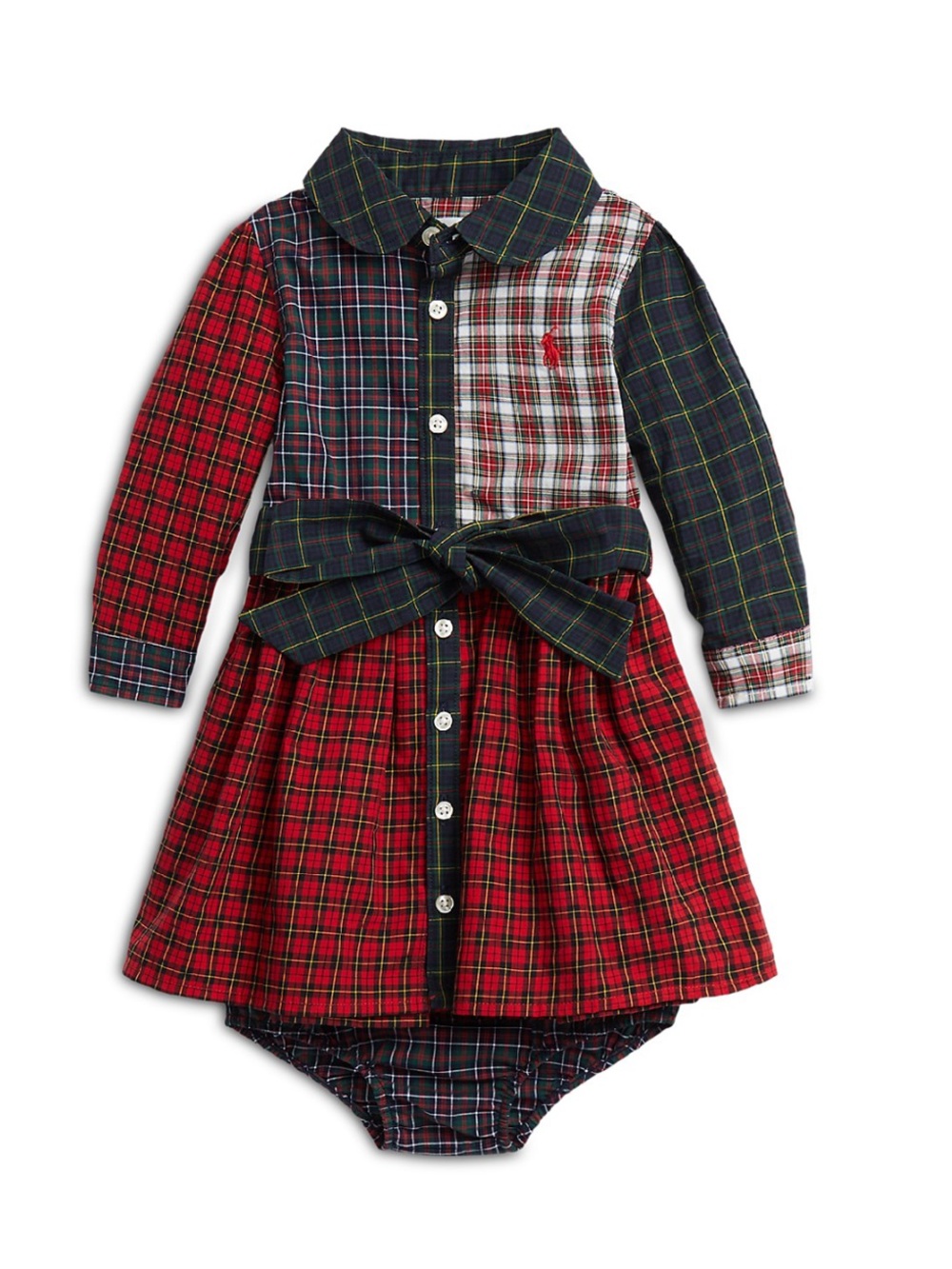 Ralph Lauren Mixed Plaid Long-Sleeve Baby Dress with Bloomer in Red, Navy, White